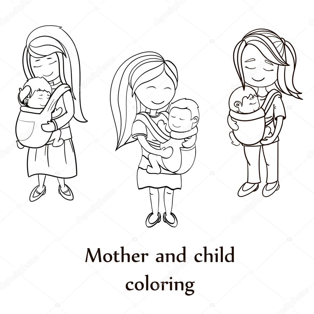 Vector coloring book set. Happy mothers carrying their childs