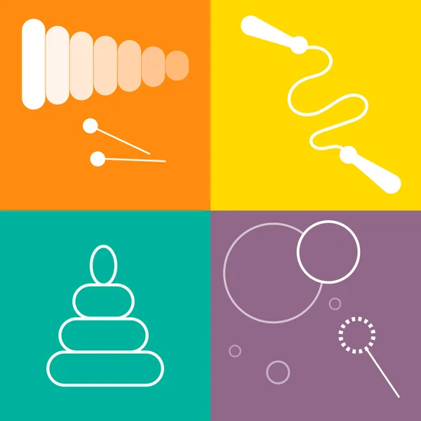 Oyuncaklar Icons set. Renkli arka plan üzerinde beyaz Hat sanatı.