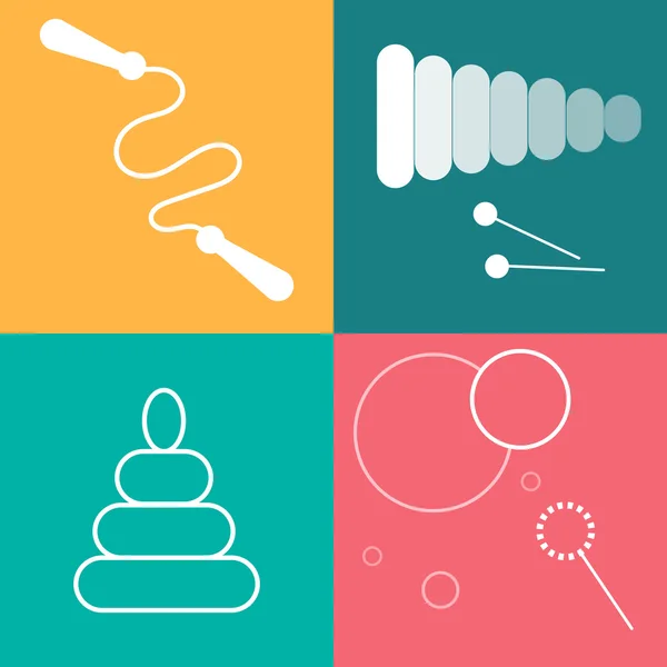 Oyuncaklar Icons set. Renkli arka plan üzerinde beyaz Hat sanatı