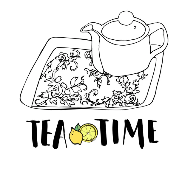 Çay seti, çaydanlık ve çay tepsisi çiçek süsleme ile grafik el çekilmiş