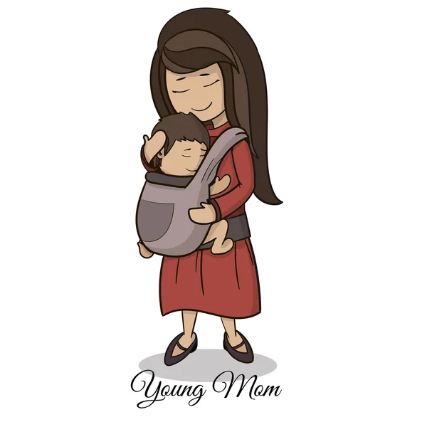 Mamma che trasporta un bambino utilizzando un pratico marsupio, l'uso del bambino e il concetto di attaccamento dei genitori — Vettoriale Stock