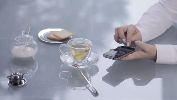 Womans hands with telephone. close-up — Stock Video