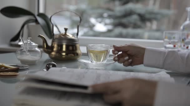 Womans hands with notes. close-up — Stock Video