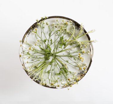 Vintage yemek ve çiçekler. Havai görünümü. Düz yatıyordu, en iyi görünümü