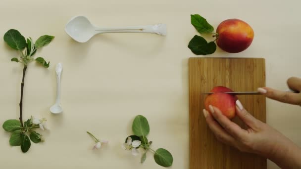 La branche de pomme, les fleurs et la pomme coupée sur un fond blanc. vue d'en haut — Video