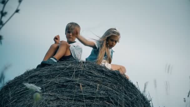 Junge mit einem Mädchen auf einem Heuhaufen im Hintergrund des Himmels — Stockvideo