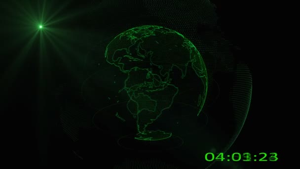 Rotation de la Terre à partir de particules lumineuses sur un fond sombre et une horloge numérique. après effet 