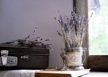 natürmort. Vintage. eski bavul ve bahçeye eski pencerelerin arka planda lavanta sprigs. leylak tonları