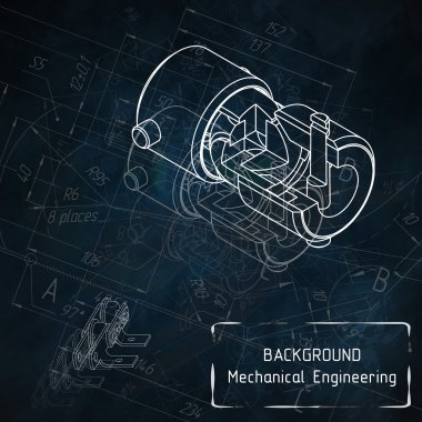 Makine Mühendisliği çizimler üzerinde mavi yazı tahtası