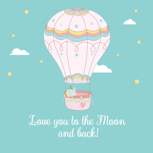 Bir sevimli pembe hava balonu Illustration. Sevgililer günü tebrik kartı. Aya sevdiğini ve geri