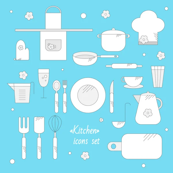 Serin bir mutfak ve pişirme ilgili simgeler vektör çizim ayarlayın. Düz tasarım. Satır simgeler