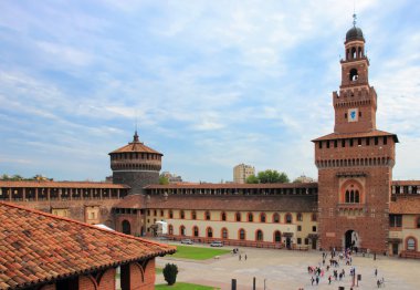 Toz ve köşe kuleleri ve bir avlu bir parçası ve duvarları Sforzesco Castle