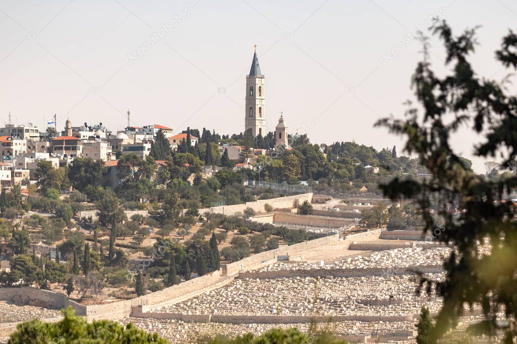 View of the Mount of Olives from the Zion Gate in the old city of Jerusalem, Israel
