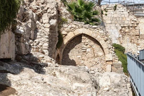 Ruínas Segundo Templo Lojas Tempo Local Muro Ocidental Escavações Perto — Fotografia de Stock