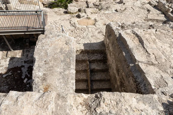 Ruins of Second Temple time of the ritual bath - Mikveh at the site of the Western Wall Excavations near the Temple Mounts Wall in the old city of Jerusalem in Israel