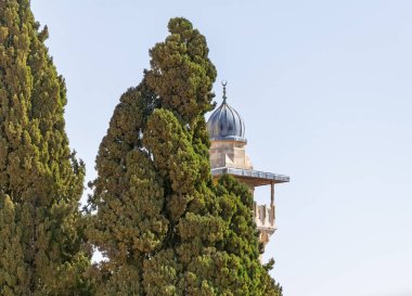 İslami Müze üzerindeki minarenin tepesi İsrail 'in Kudüs kentindeki Tapınak Tepesi' ndeki ağaçların arkasında görülebiliyor.