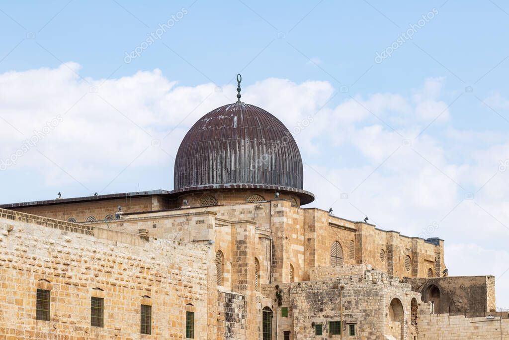 The walls of the Temple Mount and Al-Aqsa Mosque in the Old Town of Jerusalem in Israel