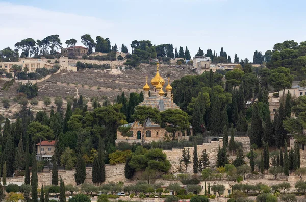 イスラエルのエルサレムの旧市街にあるオリーブ山とマグダラのマリア教会の悔い改めの門または慈悲の門からの眺め — ストック写真