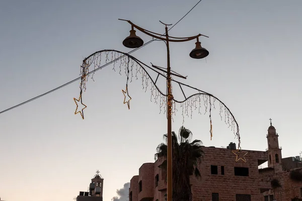 Betlejem Izrael Grudnia 2020 Ulica Manger Zachodzie Słońca Oświetleniem Ulic — Zdjęcie stockowe
