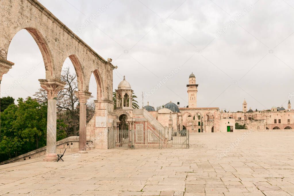 Canyors, Ayubid Minbar - with which the imam reads Friday prayer and and a minaret overlooking the madrasah on the Temple Mount in the Old Town of Jerusalem in Israel