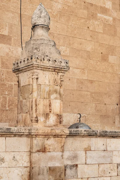 The decorative stone pillar in the side railing of the Al Aqsa Mosque on the Temple Mount in the Old Town of Jerusalem in Israel