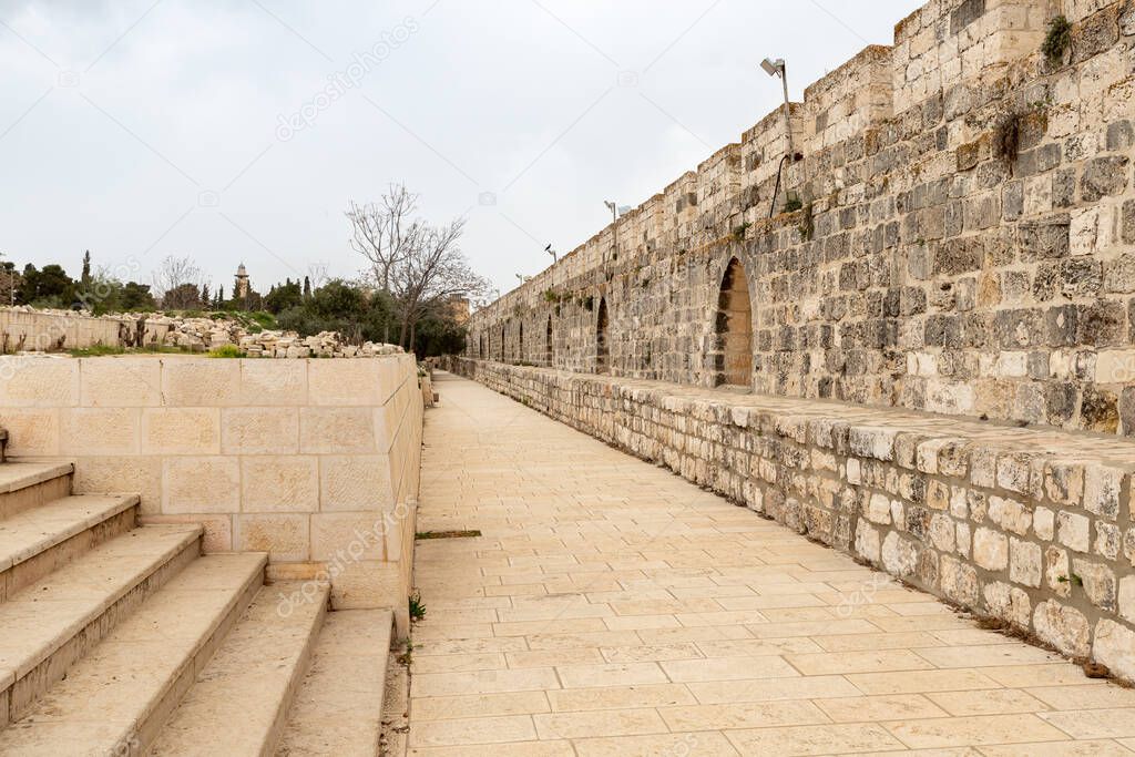 The outer walls of the Temple Mount in the Old Town of Jerusalem in Israel