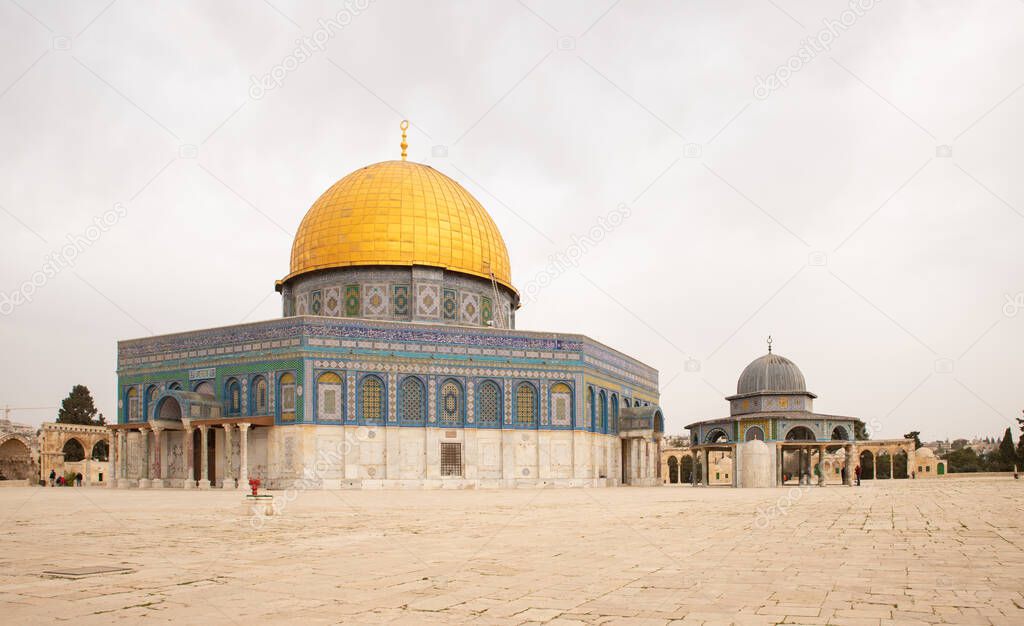 The Dome of the Rock mosque and the Dome of the Chain on the Temple Mount in the Old Town of Jerusalem in Israel