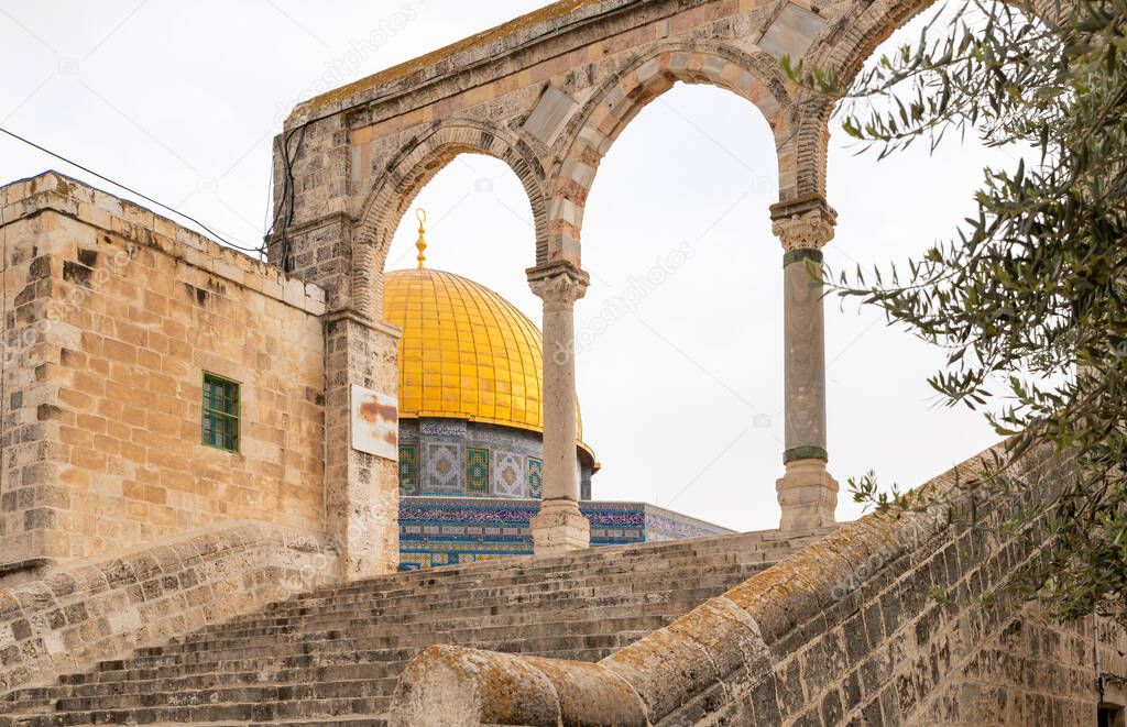 Canyors - stone arches on the stairs leading to the Dome of the Rock mosque on the Temple Mount in the Old Town of Jerusalem in Israel