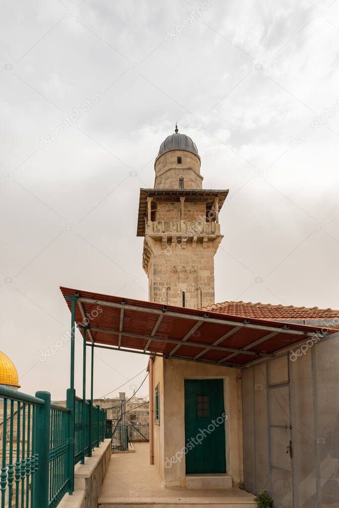 The Bab al-Silsila minaret and the inner schoolyard of the Madrasah are on the Temple Mount in the Old Town of Jerusalem in Israel