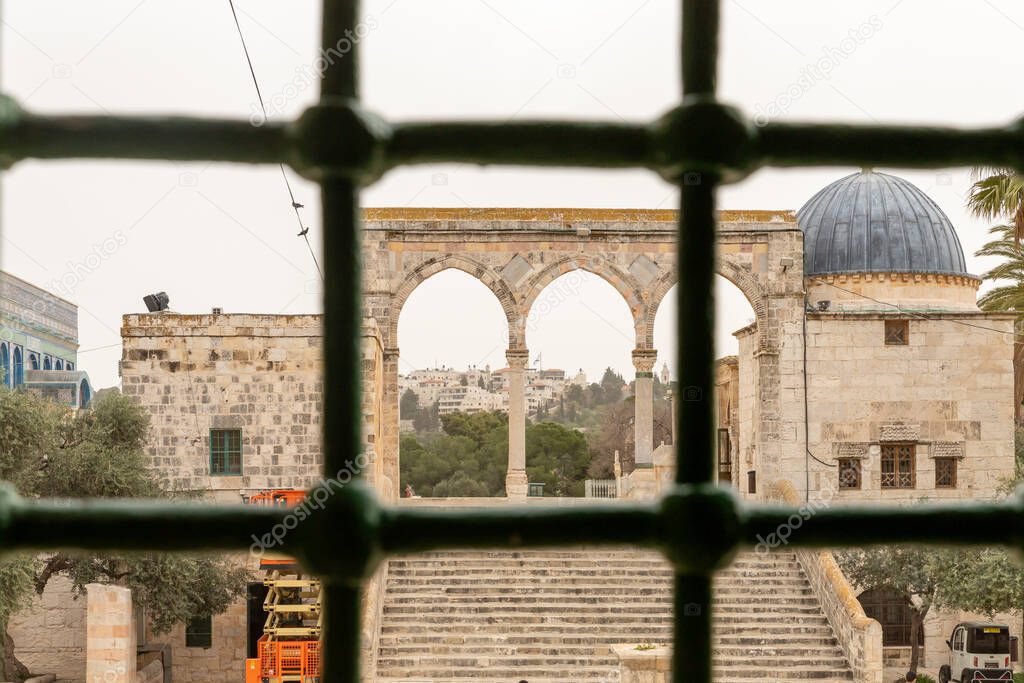 View of the Temple Mount from the inner passage of the Bab al-Silsila minaret, on the Temple Mount in the Old Town of Jerusalem in Israel