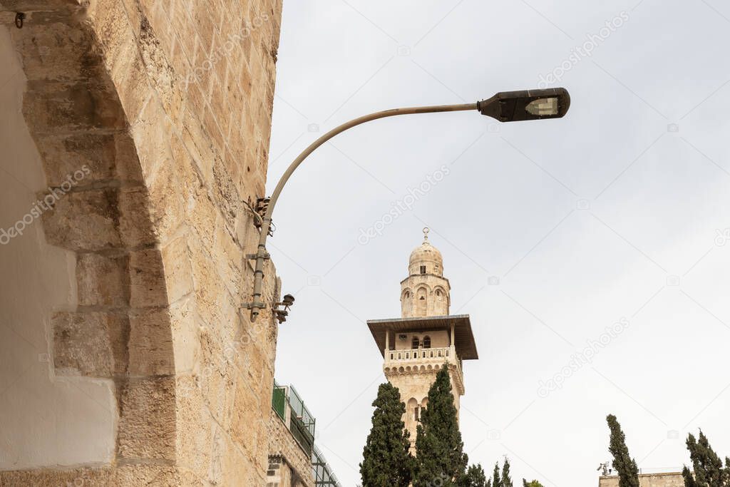 The south part the Temple Mount and the Bab el Ghawanima Minaret in the Old Town of Jerusalem in Israel
