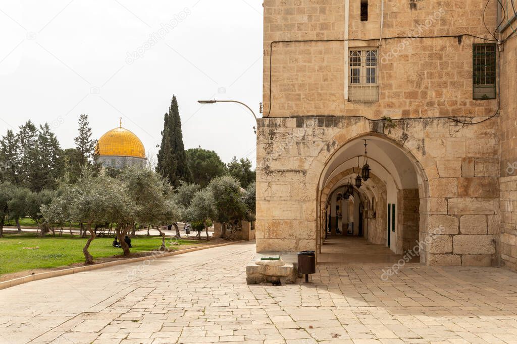 The arched tunnel under the residential buildings on the west wall in the south part the Temple Mount and the Dome of the Rock mosque in the Old Town of Jerusalem in Israel