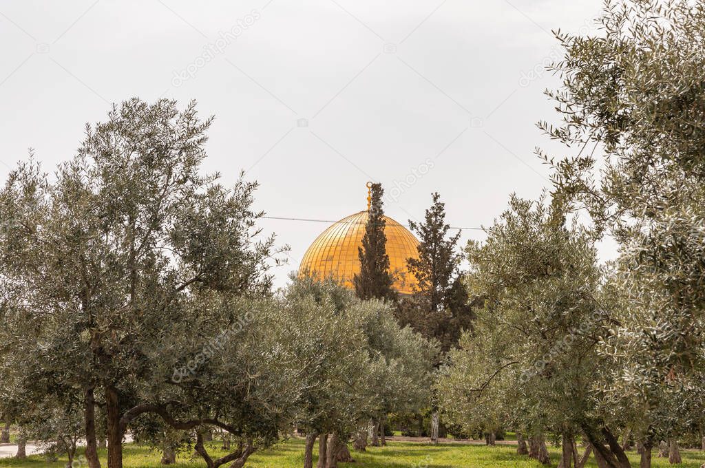 View of the Dome of the Rock mosque from the south wall of the Temple Mount in the Old Town of Jerusalem in Israel
