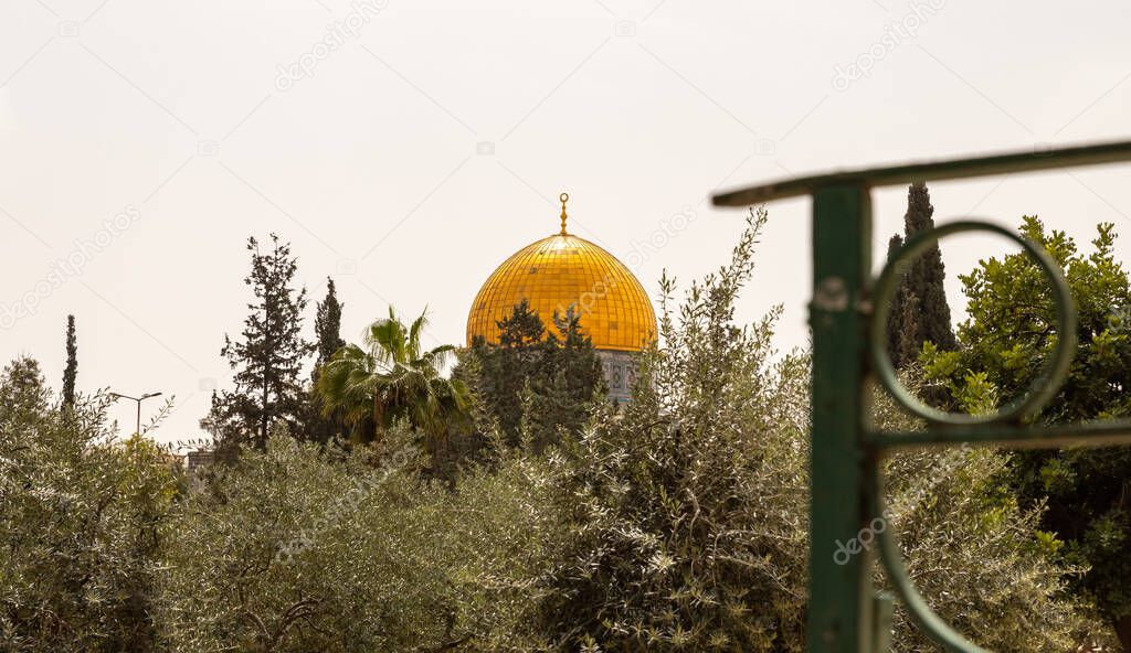View of the Dome of the Rock mosque from the south wall of the Temple Mount in the Old Town of Jerusalem in Israel
