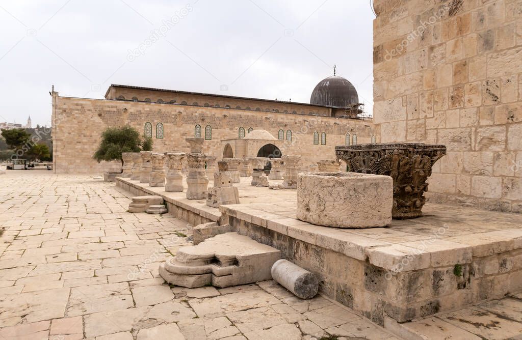 Fragments of columns in the square in front of the Muslim Museum on the Temple Mount, in the Old Town of Jerusalem, in Israel