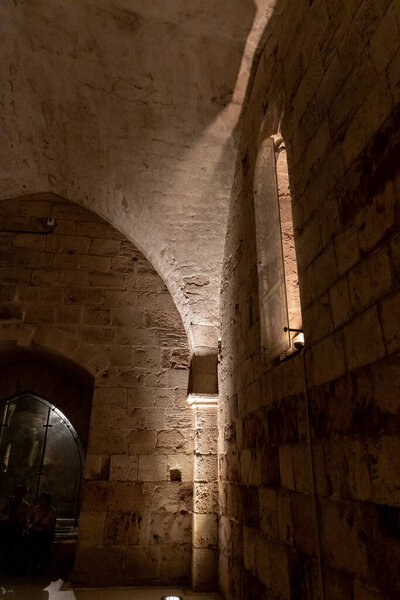 Brickwork in the room of the Crusader fortress of the old city of Acre in northern Israel