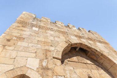 Davud Kulesi 'nin dış duvarı - İsrail' in eski Kudüs kentindeki Jaffa Kapısı yakınlarındaki antik kale ve şehir tarihi müzesi