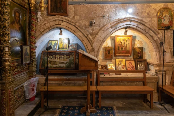 Los Iconos Cristianos Santos Interior Catedral Ortodoxa Jacobs Jerusalén Cuartos — Foto de Stock