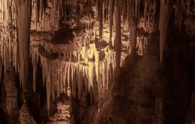 Stalactites hanging from ceilings in Sorek stalactites cave in Judean Mountains near Beit Shemesh in the Israel
