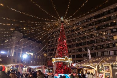 Budapeşte Macaristan, 14 Aralık 2025: Macaristan 'ın Budapeşte kentindeki Aziz Stephens Bazilikası yakınlarındaki Noel Pazarı' nda büyük bir Noel ağacı