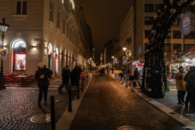 Budapeşte Macaristan, 14 Aralık 2025: Macaristan 'ın başkenti Sas Caddesi' nde gece aydınlanması
