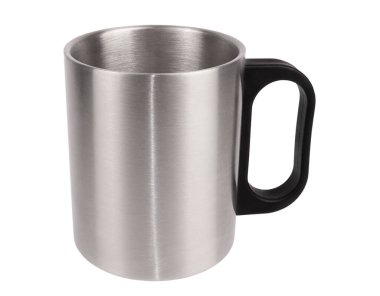         Metal paslanmaz çelik bardak beyaz arkaplanda izole edilmiş.                       