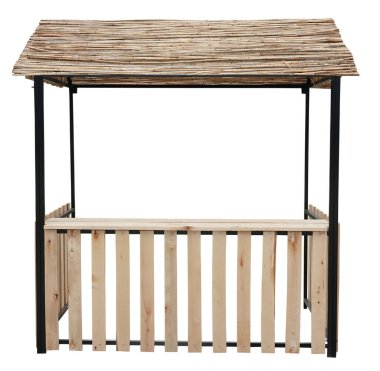 Ahşap tezgah tezgahı sazdan yapılmış çatı güneşliği ile                                