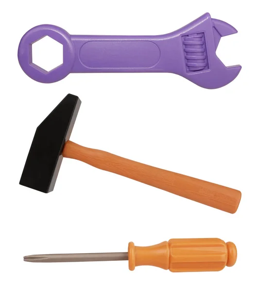 塑料玩具工具锤击法式钥匙和用白色背景隔开的螺丝刀 — 图库照片