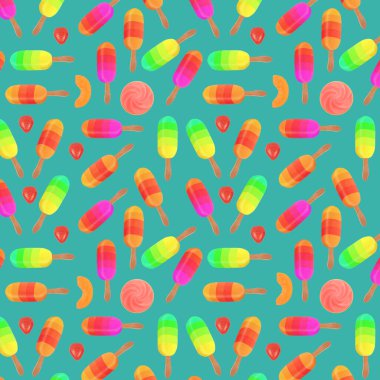 Bu, gölgeli yaz kavramına sahip ahşap çubukta moda renkli bir dondurma..                               