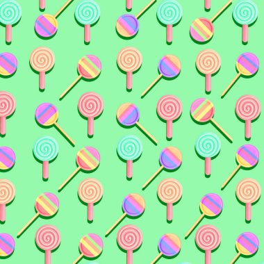 Gölge şeklindeki renkli lolipoplar yaz konsepti arkaplanındaki canlı desenler 3 boyutlu illüstrasyon                               