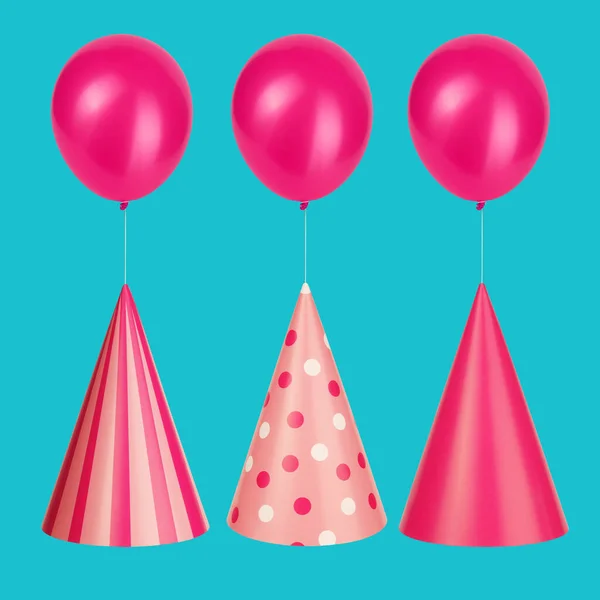 Tre Ballonger Flyger Med Rosa Födelsedag Hattar Glad Fest Koncept — Stockfoto