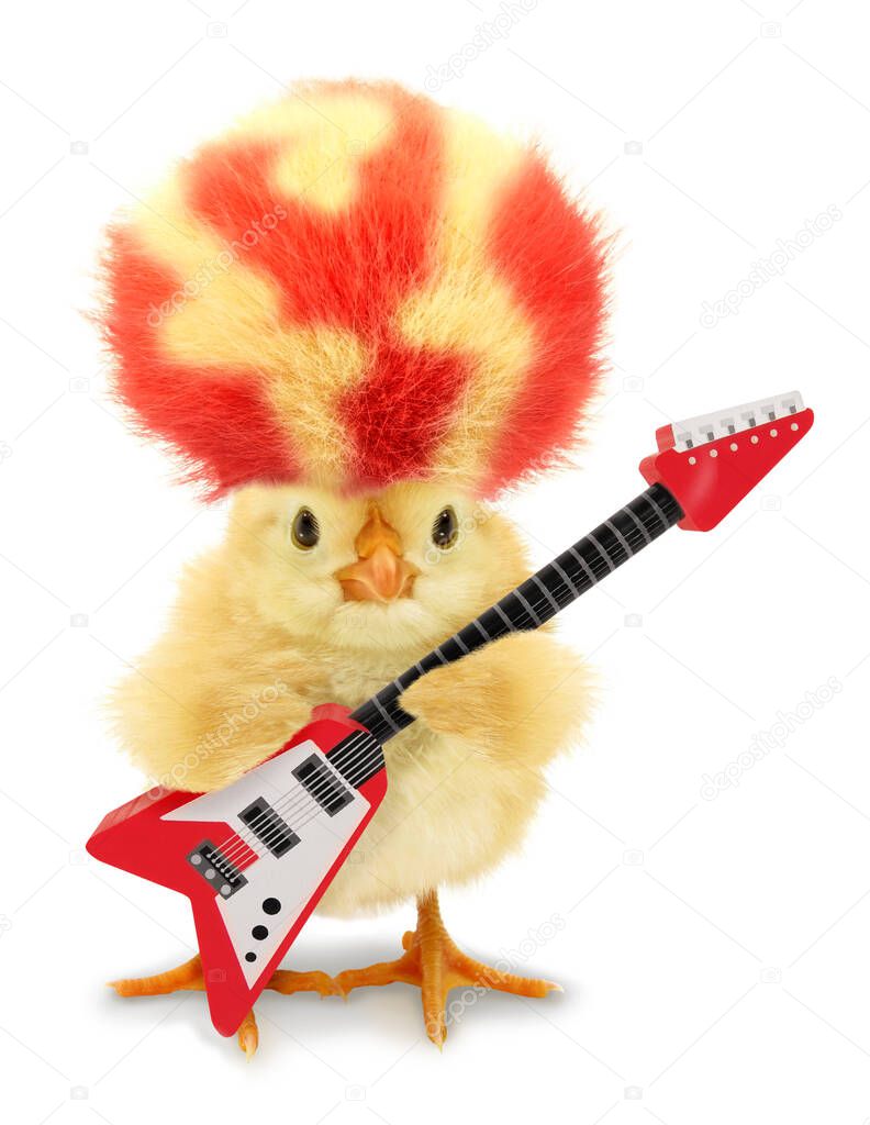    Cute cool chick musician with crazy red yellow hair and electric guitar funny conceptual image                             