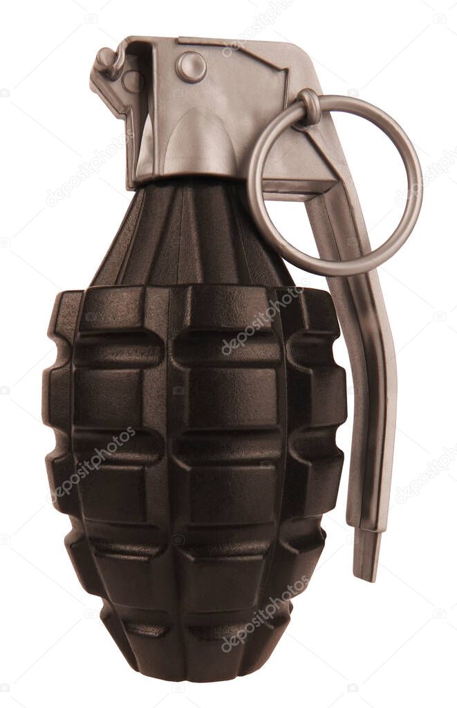 Hand grenade black and gray plastic toy isolated on white background                               