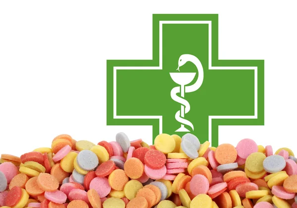 Medikament droger tabletter och apotek tecken — Stockfoto